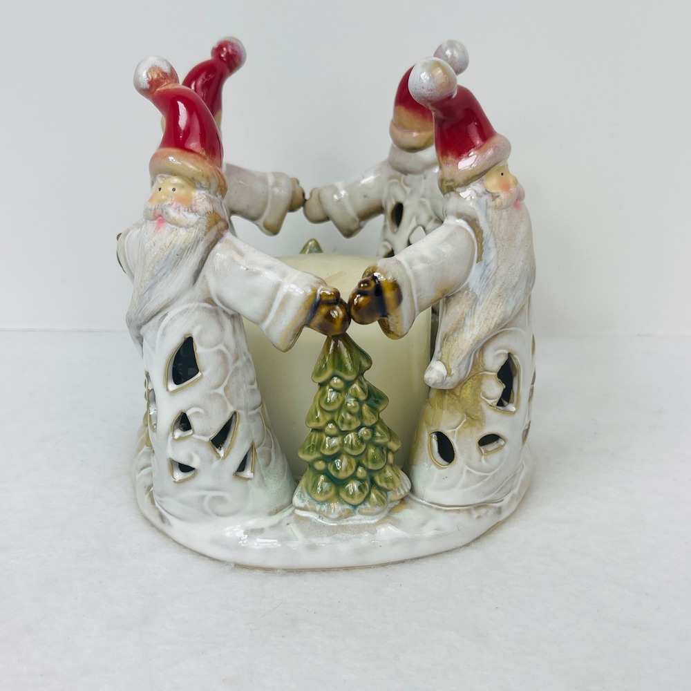 Ceramic Dancing Santas Christmas Pillar Candle Holder White Red Green Excellent